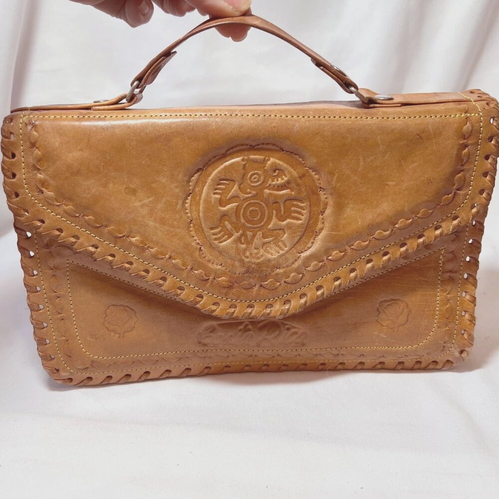 Costa Rica Leather Vintage Shoulder/Crossbody Bag-Removable Strap-Camel/Tan-Rose - Picture 6 of 15